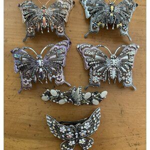 Set Of 6 BUTTERFLY HAIR BARRETTE CLIP CRYSTAL SILVER TONE METAL Vintage Y2K